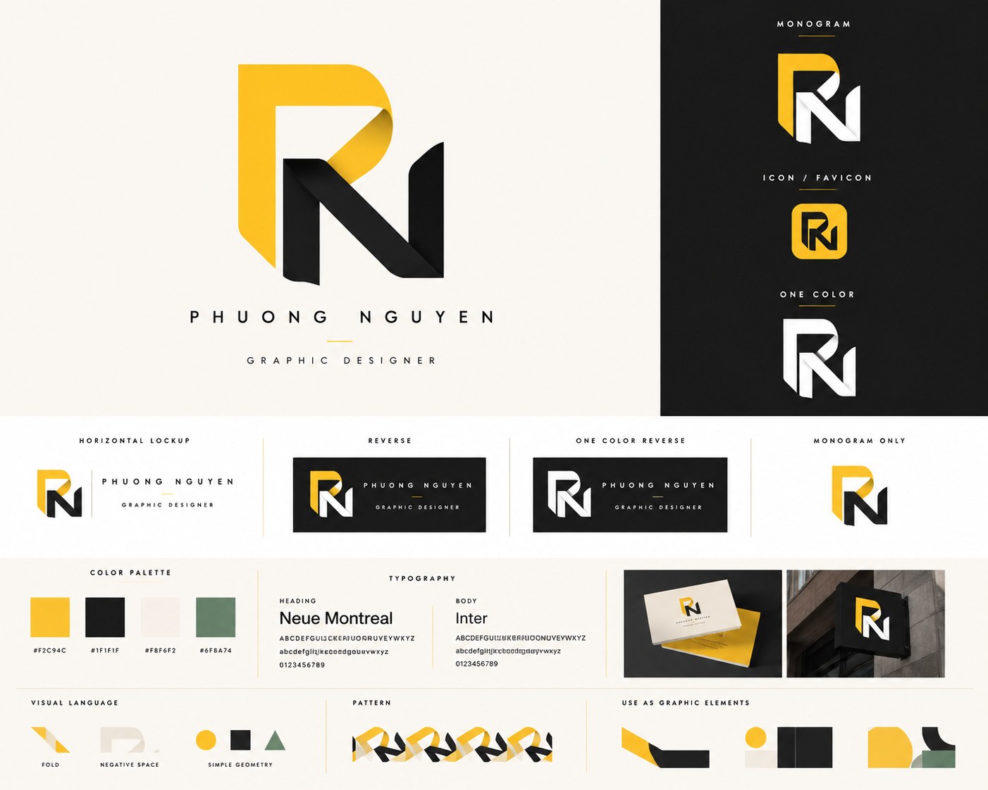 Complete brand system board showing monogram, lockups, palette, typography and applications
